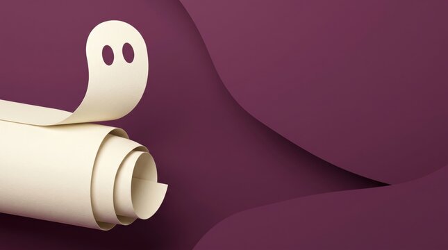 Paper ghost cutout unrolling on a dark purple background
