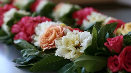 Naklejka premium A close up of a floral garland with red white and peach colored roses and lush green leaves arranged in a decorative pattern