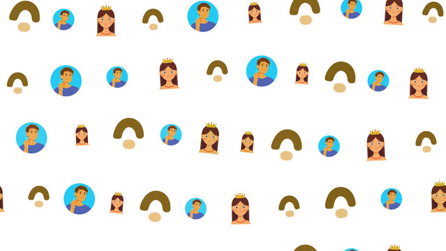 Seamless pattern of cartoon people and abstract shapes
