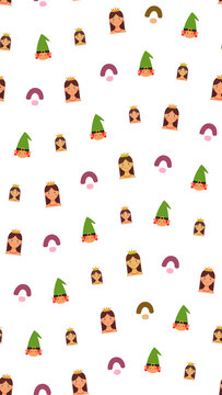 Seamless pattern of cartoon princesses and elves faces