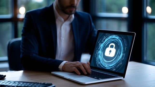 A man in business attire is focused on a laptop displaying a digital lock icon  suggesting secure data handling in a modern office setting