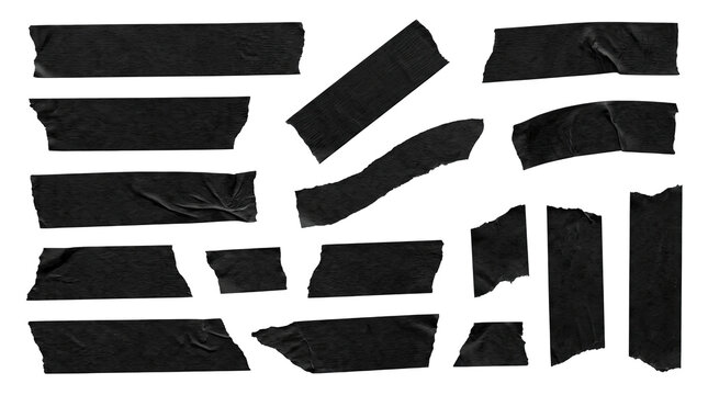 Assorted torn black gaffer tape strips with varied textures and angles isolated on transparent background
