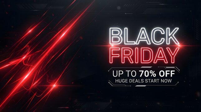 Black friday sale banner with red neon glowing light effects and futuristic abstract background, offering up to 70 percent off huge deals starting now