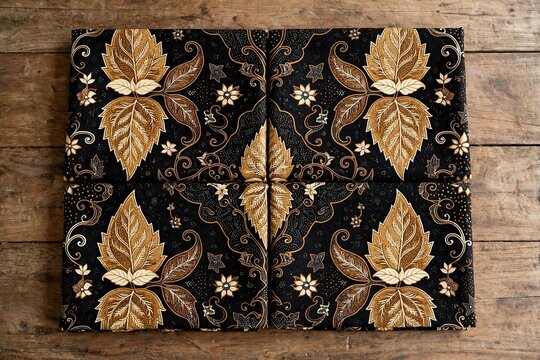 Folded Traditional Indonesian Batik Fabric on Wood Table
A high angle shot of folded traditional Indonesian batik cloth with brown leaf patterns arranged on a wooden table.