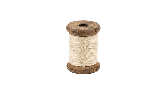 Vintage wooden spool with natural beige thread, antique wooden thread bobbin for sewing, rustic crafting reel for embroidery isolated PNG with Transparent Background