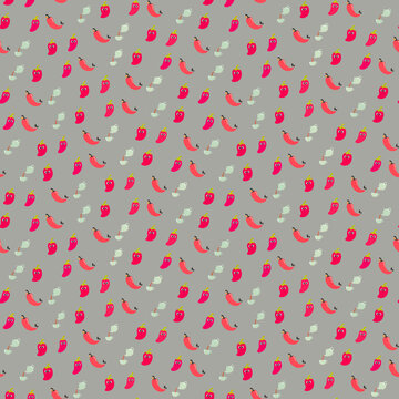 Cartoon chili peppers and teacups pattern