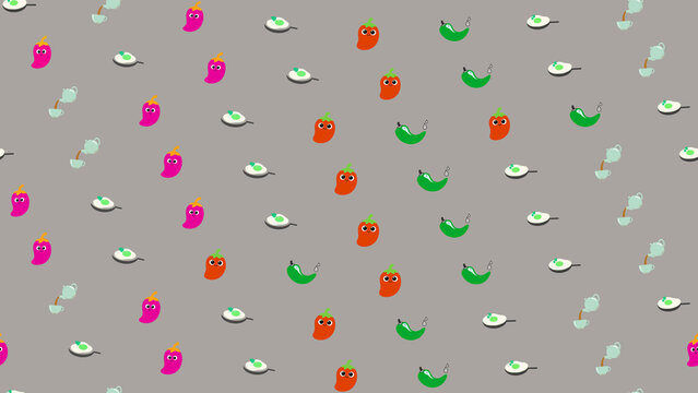 Cartoon chili peppers, eggs, and tea pattern