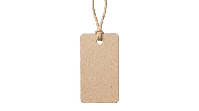 Blank kraft paper hang tag with jute string isolated on transparent background