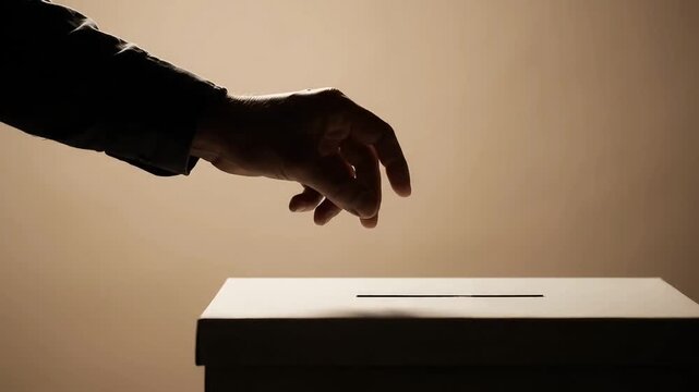 Person casting a vote into a ballot box during an election
