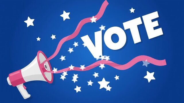 Pink and white megaphone emits vote graphic against a blue background
