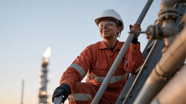 Australian woman in fire-resistant coveralls climbing gas refinery ladder at dusk, pipe manifold beside her, petrochemical plant, process technician role, flare stack glowing,