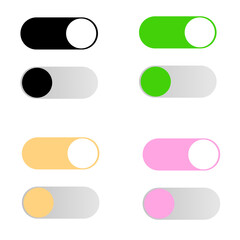 Fototapeta premium Toggle switch button set illustration. On and off switch icon collection in black, green, orange, and pink colors for mobile app and web UI UX interface design