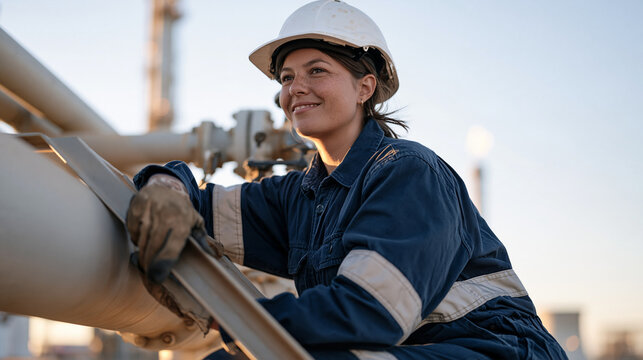 Australian woman in fire-resistant coveralls climbing gas refinery ladder at dusk, pipe manifold beside her, petrochemical plant, process technician role, flare stack glowing,