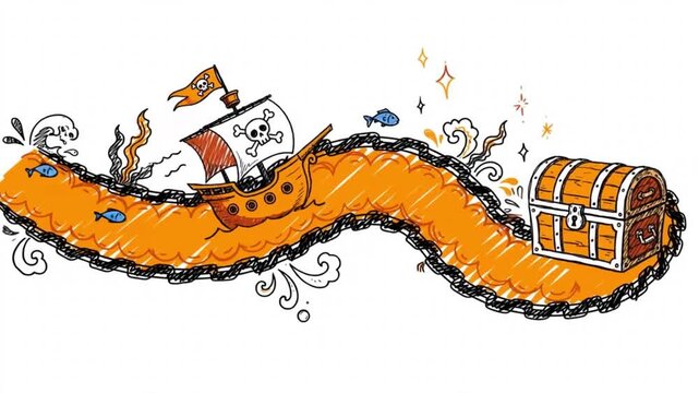 Animated pirate ship sailing to treasure chest with gold coins, hand-drawn cartoon style adventure