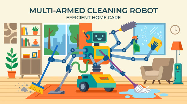 A multi-armed robotic assistant performing various household cleaning tasks in a modern living room setting.