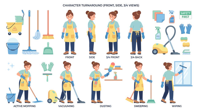 Character turnaround of a professional cleaning lady with various cleaning equipment and tools.