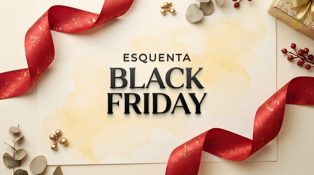 Esquenta black friday elegant promotional background with red ribbons, golden ornaments, and festive holiday decorations