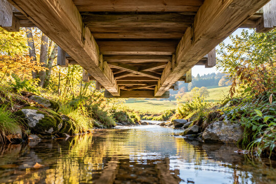 Blick unter einer Holzbr&uuml;cke auf einen sonnigen Bach