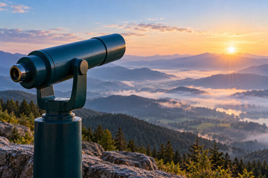 Aussichtsfernrohr vor nebliger Berglandschaft im Morgenlicht