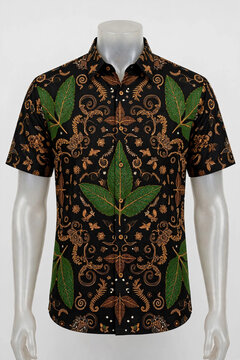 A short-sleeve men's button-up shirt featuring traditional batik patterns with green leaves and brown ornamental motifs on black background displayed on a mannequin.