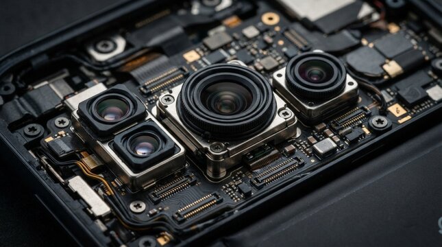 Smartphone camera module hardware components on circuit board