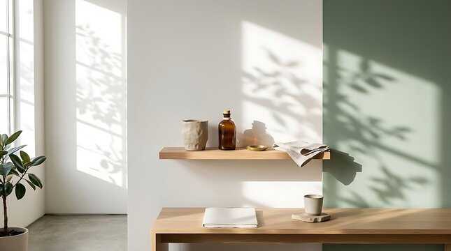 Minimalist shelf with decorative objects and dappled sunlight on wall