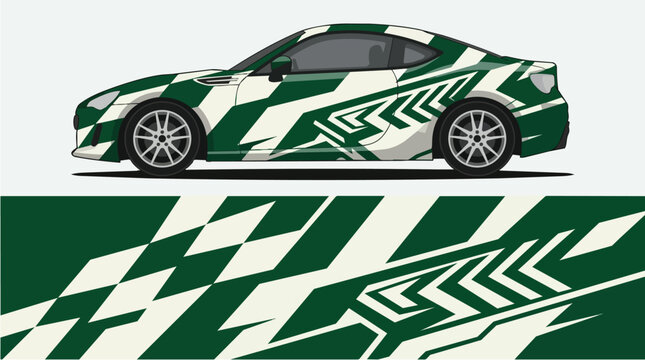 Camouflage Car Wrap Design with Geometric Decal in Green and White