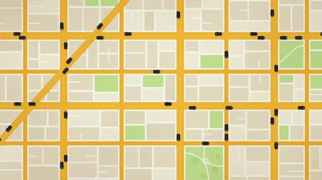 City map top view with cars driving through street grid, flat illustrated urban traffic animation with roads, blocks and parks