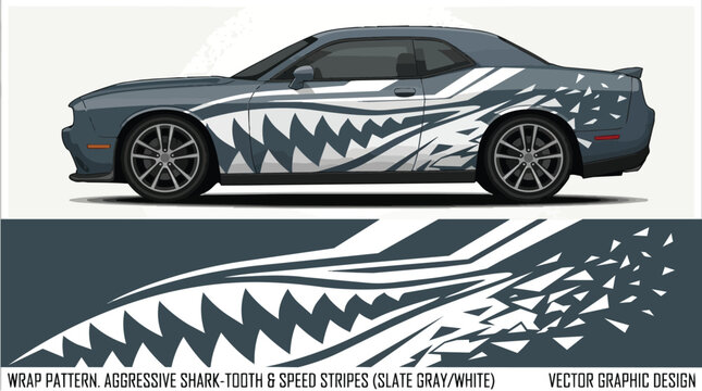 Car Wrap Design with Aggressive Shark Tooth and Speed Stripe in Slate Gray and White Decal