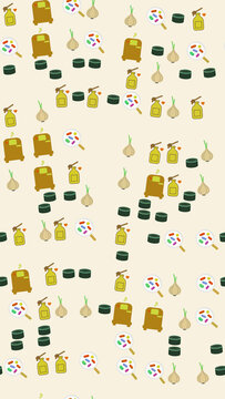 Garlic, honey, machines, and pills seamless pattern