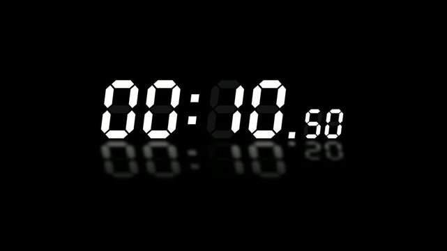 Digital countdown timer from 15 seconds to zero with hundredths, white seven segment display with reflection on black