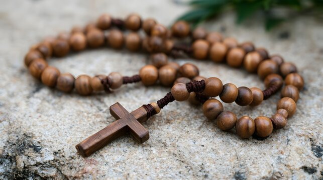 A wooden rosary with beads and cross resting on a textured stone surface  surrounded by green foliage