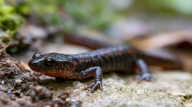 A small salamander rests on a damp rock surface with moss and soil in the background  showcasing its dark body and orange underbelly