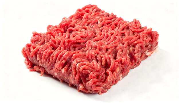 A block of raw ground beef is shown against a white background. The meat is a vibrant red and has a textured, irregular surface.