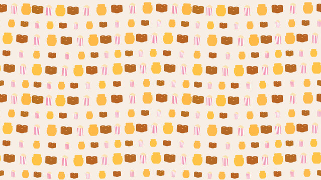 Seamless pattern of popcorn, bread, and jars