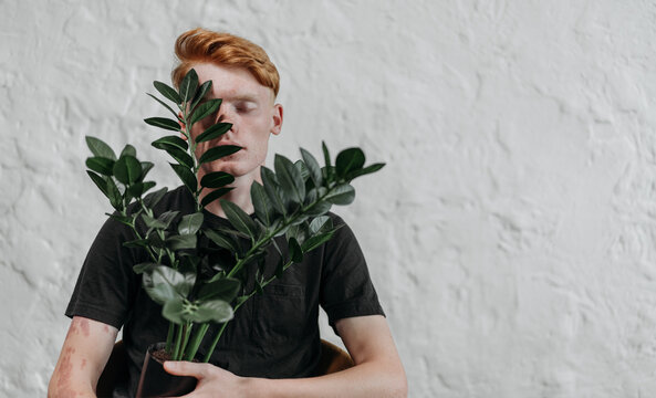 Redhead man holding large ZZ plant covering his face against white textured wall