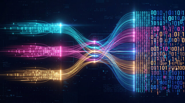 Futuristic fiber optic data streams merging into binary code digital block with hud interface for cybersecurity big data and cloud computing concept