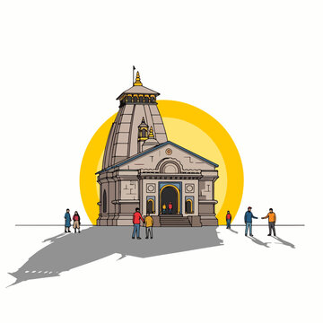 Kedarnath Temple Illustration Uttarakhand India Iconic Hindu Shrine at Sunrise with Devotees