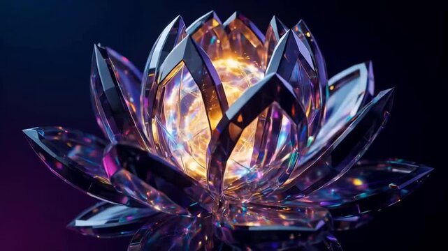 Abstract digital brain and glowing crystal lotus flower animation: concept of artificial intelligence, mindfulness, and spiritual technology