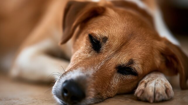 A close up of a sleeping dog with brown fur  resting its head on a paw on a wooden floor  eyes closed in peaceful repose