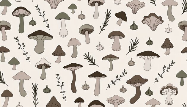 Seamless pattern with hand drawn mushrooms herbs