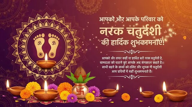 Narak Chaturdashi Greetings with Lakshmi Charan Paduka and Diyas, Animated Choti Diwali Video Background

