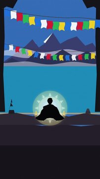 Pixel art animation of monk meditating peacefully with prayer flags