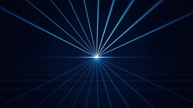 Abstract blue laser beams radiating from a central point against a dark background