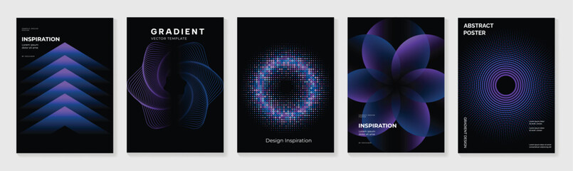 Neon Abstract Poster Collection Vector with Blue Purple Chevrons, Spiral Ribbons, Particle Ring, Floral Geometry, Futuristic Gradient Templates
