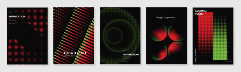Fototapeta premium Red Green Abstract Poster Set Vector with Halftone Dots, Diagonal Stripes, Glowing Rings, Petal Shapes, Dark Futuristic Gradient Templates