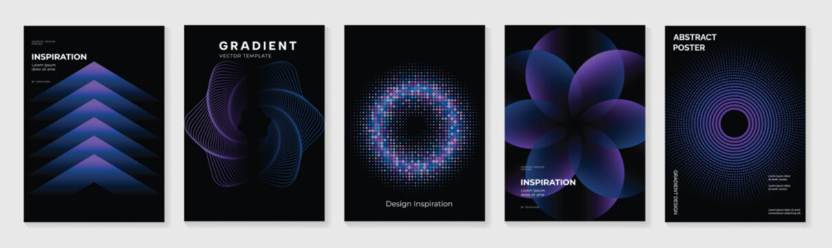 Neon Abstract Poster Collection Vector with Blue Purple Chevrons, Spiral Ribbons, Particle Ring, Floral Geometry, Futuristic Gradient Templates