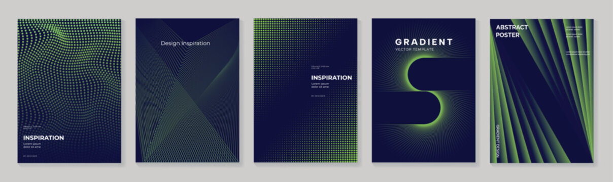 Modern Gradient Poster Set Vector with Navy Green Mesh Waves, Transparent Geometry, Glowing Curves, Optical Lines, Futuristic Design Templates