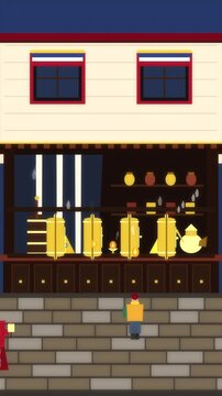 Pixel art animation of street vendor storefront with glowing bottles