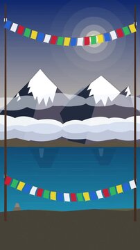 Pixel art animation of prayer flags, mountains, lake under moonlight